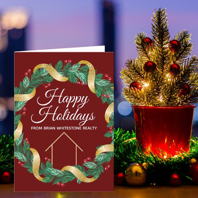 Real Estate Company Red Christmas Wreath Folded Holiday Card (Creator Uploaded)