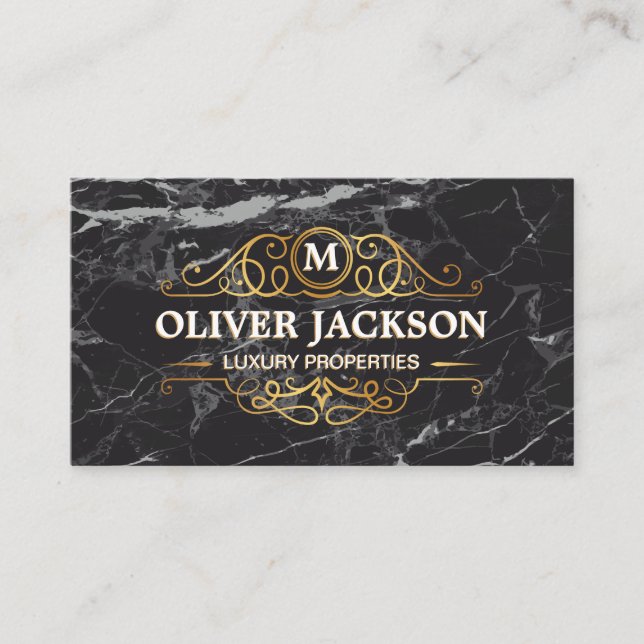 Real Estate | Gold Elements | Black Marble Business Card (Front)