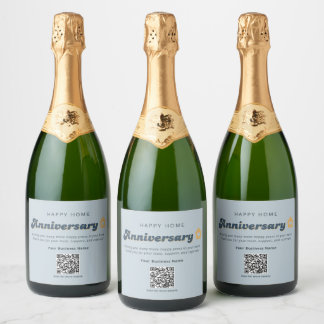Real Estate Home Anniversary QR Code Retro Blue Sparkling Wine Label