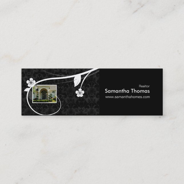 Real Estate Home Damask Bookmark Floral Black Mini Business Card (Front)