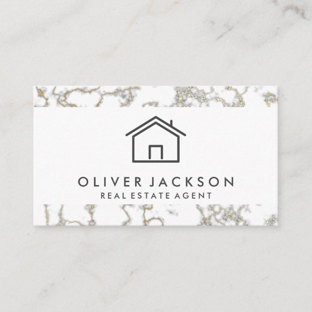 Real Estate Home Icon | Gold Marble Business Card (Front)