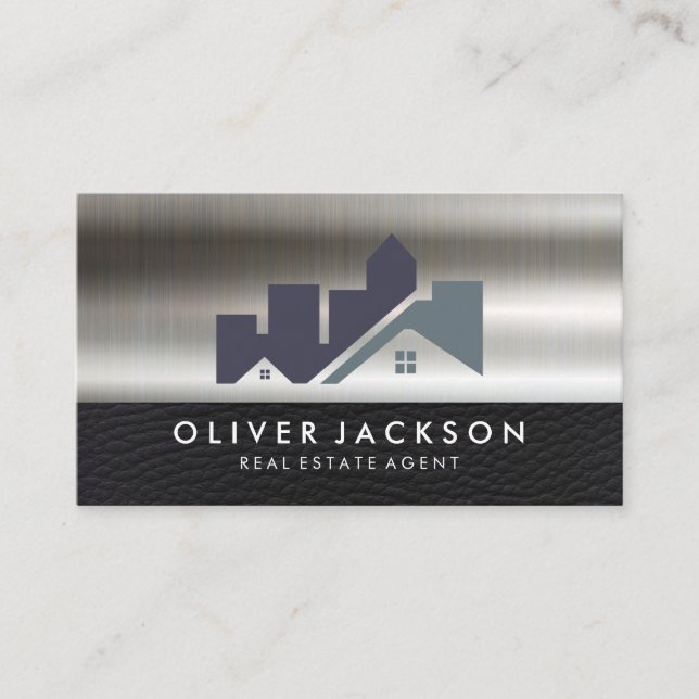 Real Estate Home Icon | Leather Metallic Business Card (Front)