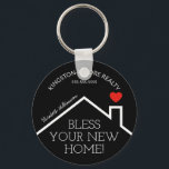 Real Estate House Heart Custom Realtor Business Keychain<br><div class="desc">A red heart over a new home's roof features the words "Bless Your New Home!" along with your company name, phone number and agent's name. CHANGE THE BACKGROUND COLOR to anything - we show black. Personalize this business marketing gift with your own information to congratulate buyers on their new home....</div>