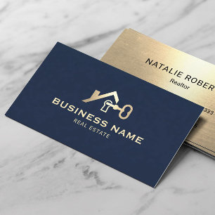 Real Estate House Key Logo Modern Navy Blue Gold  Business Card
