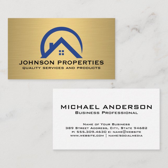 Real Estate House Logo | Gold Metallic Business Card (Front/Back)