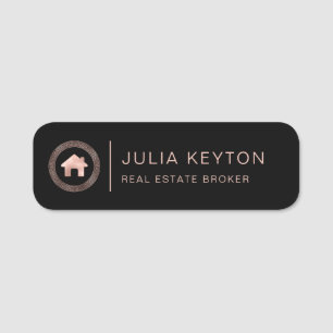 Real Estate House Logo Greek Key Black Rose Gold Name Tag
