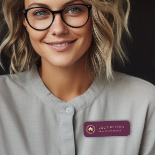 Real Estate House Logo Greek Key Burgundy Gold Name Tag