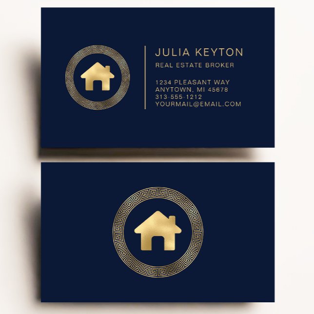 Real Estate House Logo Greek Key Frame Blue Gold Business Card (Creator Uploaded)