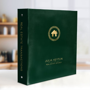 Real Estate House Logo Greek Key Frame Green Gold Binder