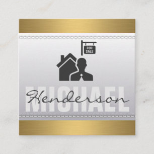 Real Estate Icon   Gold Metallic Trim   Stitched Square Business Card