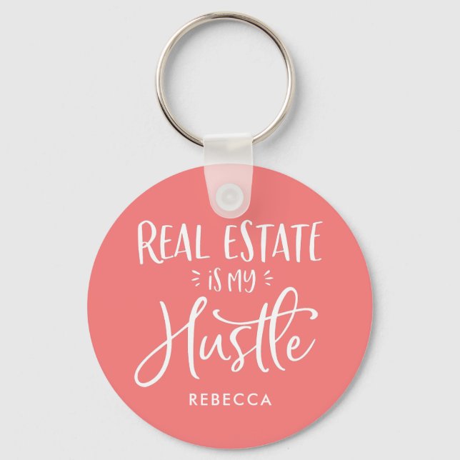 Real Estate Is My Hustle Coral Personalized Agent Keychain (Front)