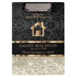 Real Estate - Ivory Glitter and Black Damask Clip Clipboard
