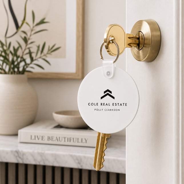Real Estate Keychain | Realtor Closing Gift Tag (Custom white real estate logo keychain for closing gifts, rental keys, and handovers.)