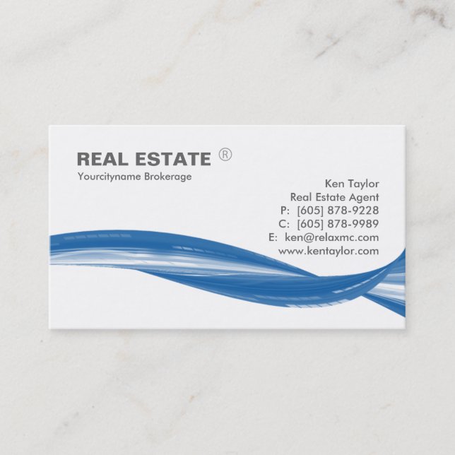 Real Estate Logo Blue Swoosh Modern White Business Card (Front)
