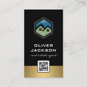 Real Estate Logo Gold Trim QR Barcode Business Card