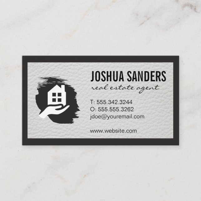  Real Estate Logo | Leather Trim | Black Border Business Card (Front)