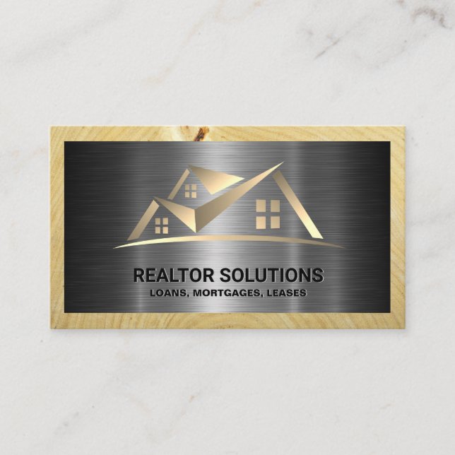 Real Estate Logo | Metallic and Wood Business Card (Front)