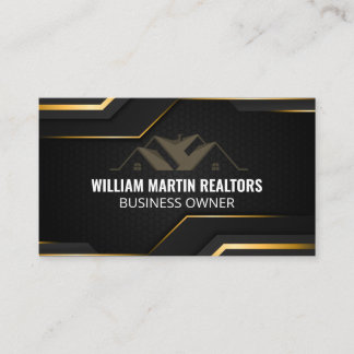Real Estate Logo | Metallic Gold Geometric Black Business Card