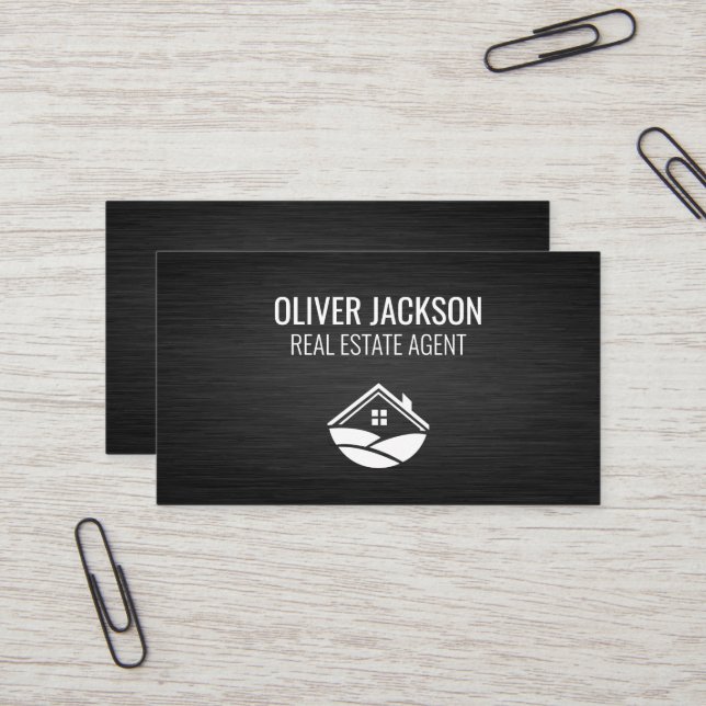 Real Estate Logo | Sleek Dark Metallic Background Business Card (Front/Back In Situ)