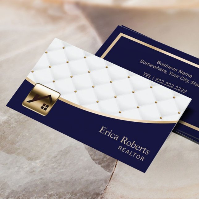 Real Estate Luxury Quilted Modern Navy Gold Agent Business Card (Creator Uploaded)