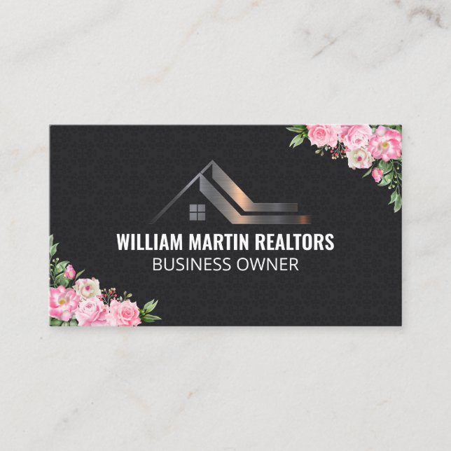 Real Estate Metal Logo | Flowers Business Card (Front)