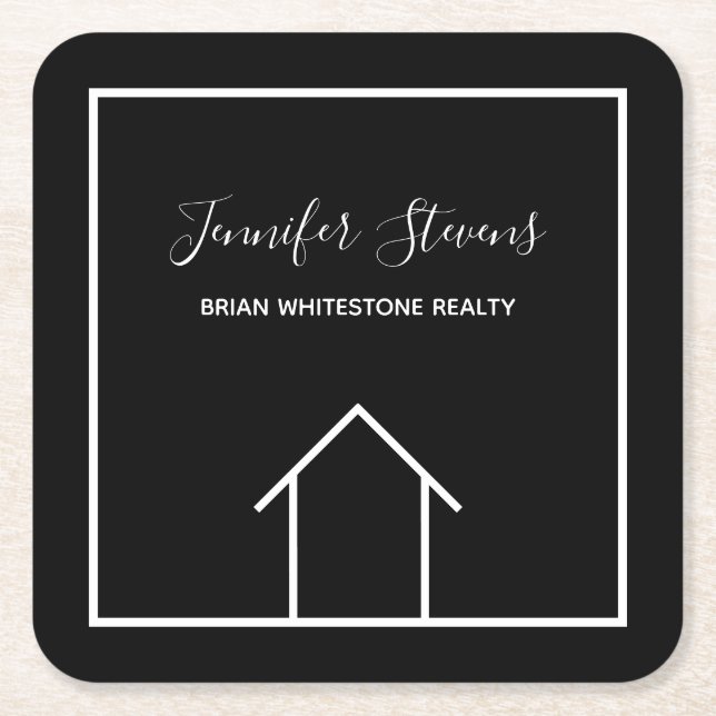 Real Estate Modern Black Custom Open House Square Paper Coaster (Front)
