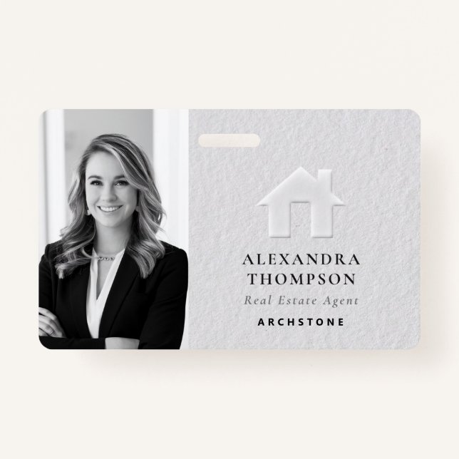 Real Estate Modern Elegant Black White QR Photo Badge (Front)