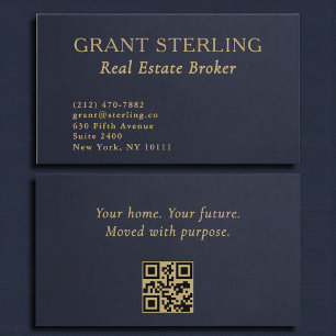 Real Estate Navy Blue Gold Slate Stone QR Code  Business Card