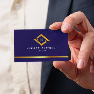 Real Estate Navy Blue House Logo Modern Realtor Business Card