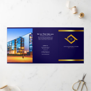 Real Estate Navy Blue House Logo Modern Realtor Tri-Fold Card