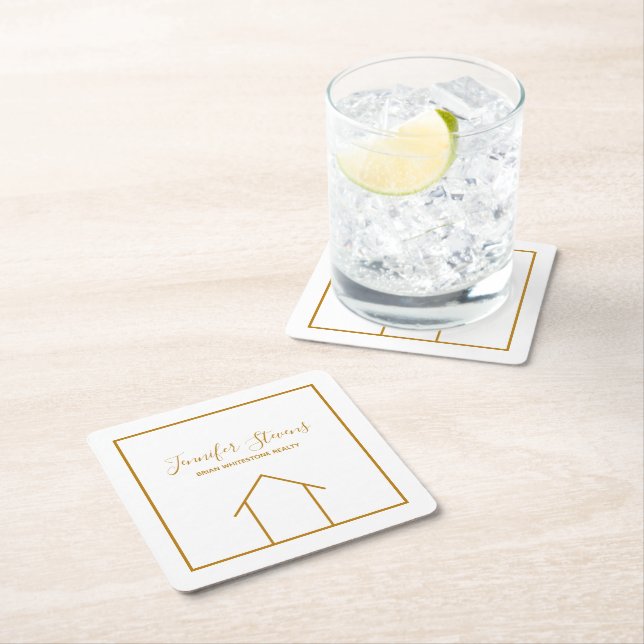 Real Estate Open House Custom Chic Gold White Square Paper Coaster (Insitu)