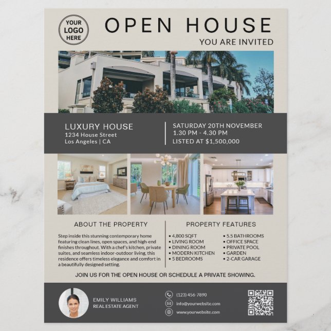 Real Estate Open House Logo Photo QR Neutral Flyer (Front)