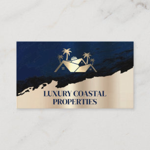 Real Estate Palm Tree Logo   Blue Gold Business Card