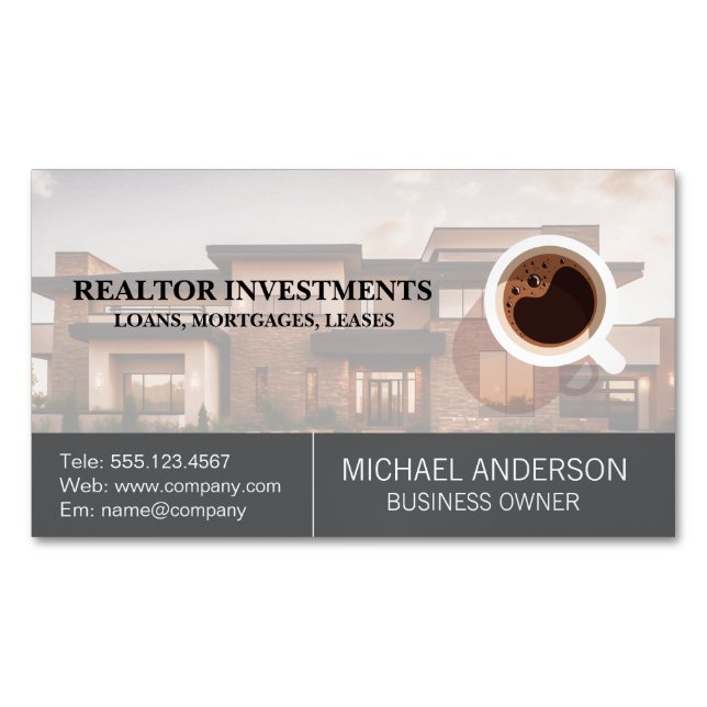 Real Estate Property | Cup of Coffee Magnetic Business Card (Front)