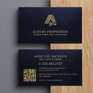 Real estate QR code gold house logo navy Business Card