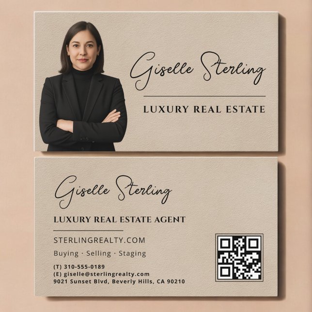 Real Estate QR Code Photo Beige Suede Business Card (Creator Uploaded)