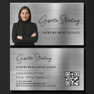 Real Estate QR Code Photo Faux Silver Metallic  Business Card