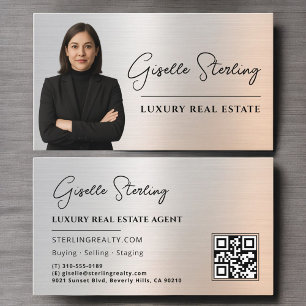 Real Estate QR Code Photo Platinum Metallic  Business Card
