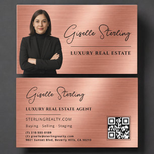 Real Estate QR Code Photo Rose Gold Metallic Business Card