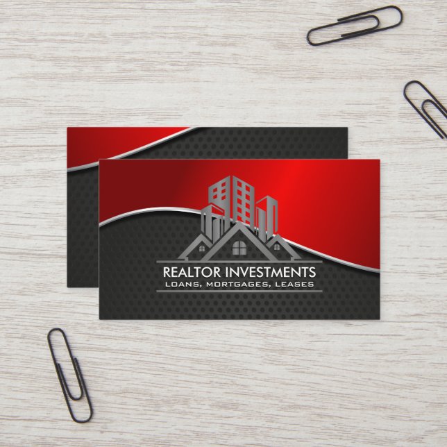 Real Estate  | Red Metallic | Perforated Mesh Busi Business Card (Front/Back In Situ)