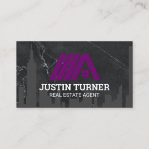 Real Estate Roof Logo Purple Black Sleek Marble Business Card