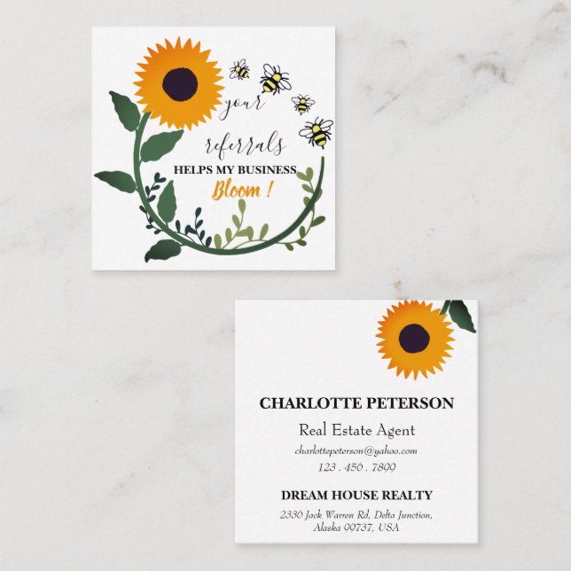 Real Estate & Small Business Watercolor Sunflower  Referral Card (Front/Back)