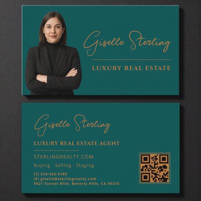 Real Estate Teal Copper QR Code Script Luxury  Business Card (Creator Uploaded)