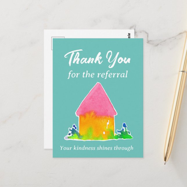 Real Estate Thank You For Referral Pink House Postcard (Front/Back In Situ)