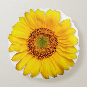 Real Flowers Yellow Sunflower and Orange Poppy Round Pillow