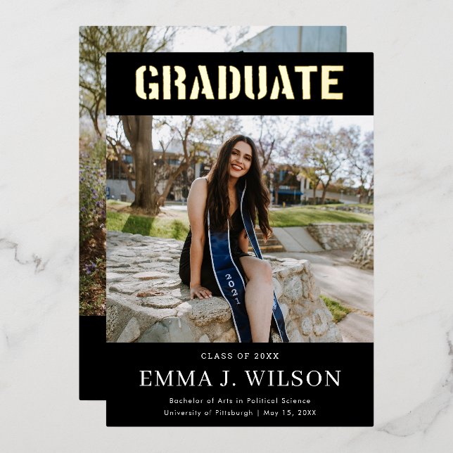 Real Foil 2 Photo Black Graduation Announcements  (Front/Back)
