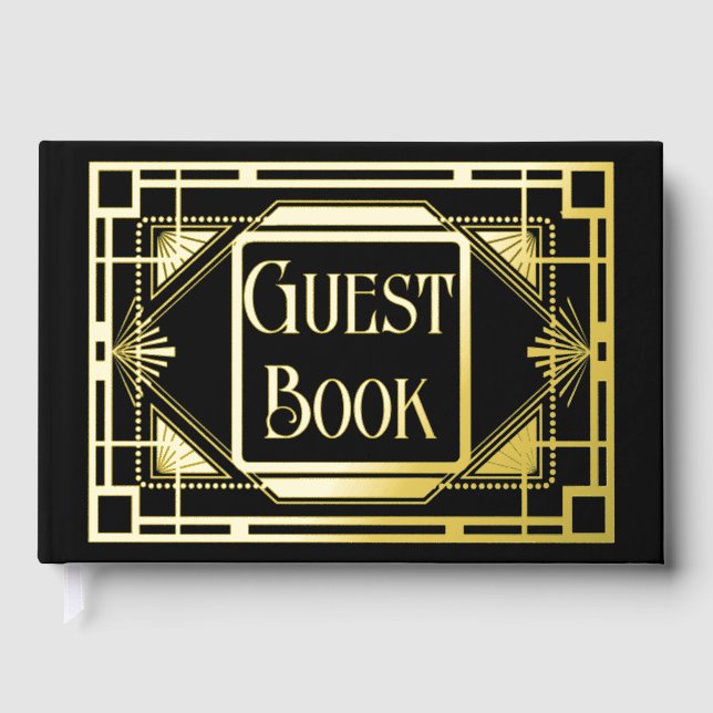 Real foil art deco gold black formal gatsby 20's guest book (Front)