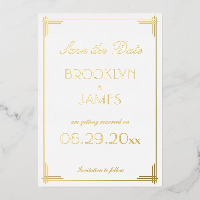 Real Foil Art Deco Save The Date White Cards (Front)