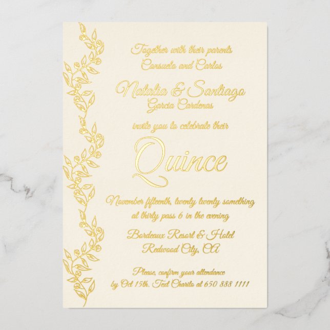 Real Foil Champagne Gold Twins Quince Invitation (Front)
