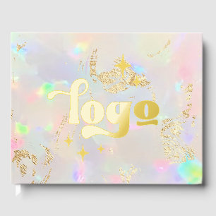 real foil company logo on opal stone guest book
